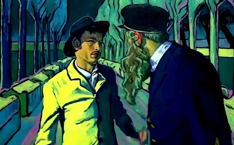 A still of a man in a yellow coat and hat talking to a man with a hat and a beard from the documentary Loving Vincent.